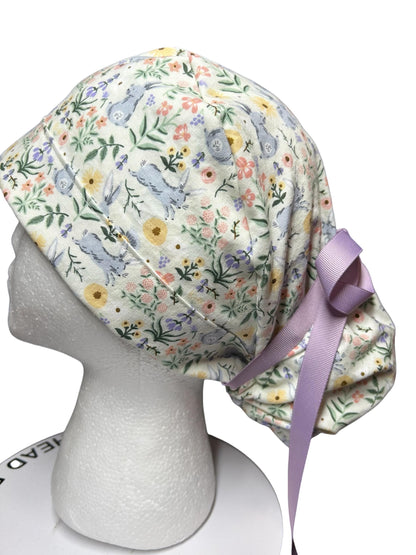 Rifle Paper Co Easter Scrub Cap: Bunny Print Ponytail Hat with ribbon ties