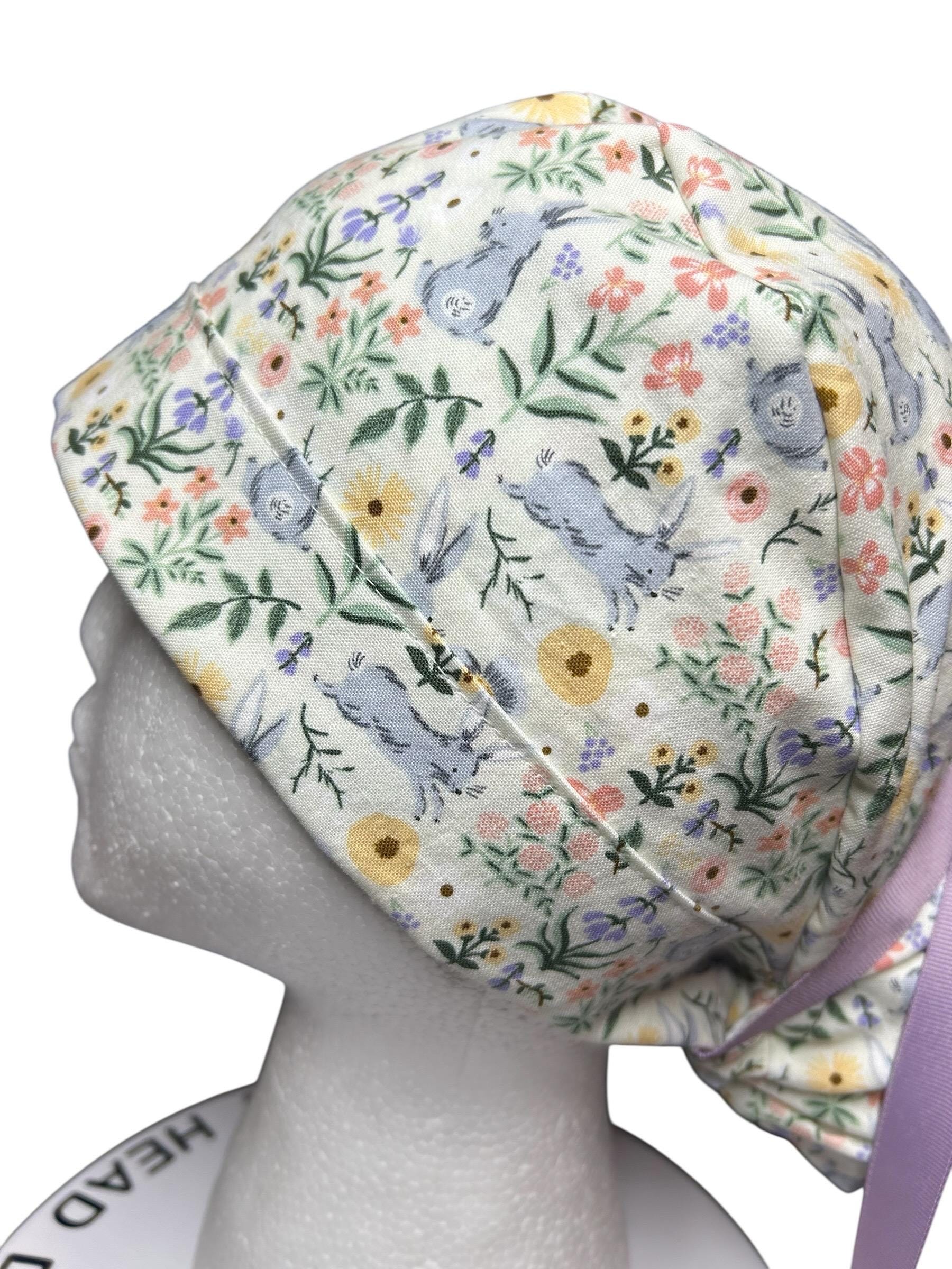 Rifle Paper Co Easter Scrub Cap: Bunny Print Ponytail Hat with ribbon ties
