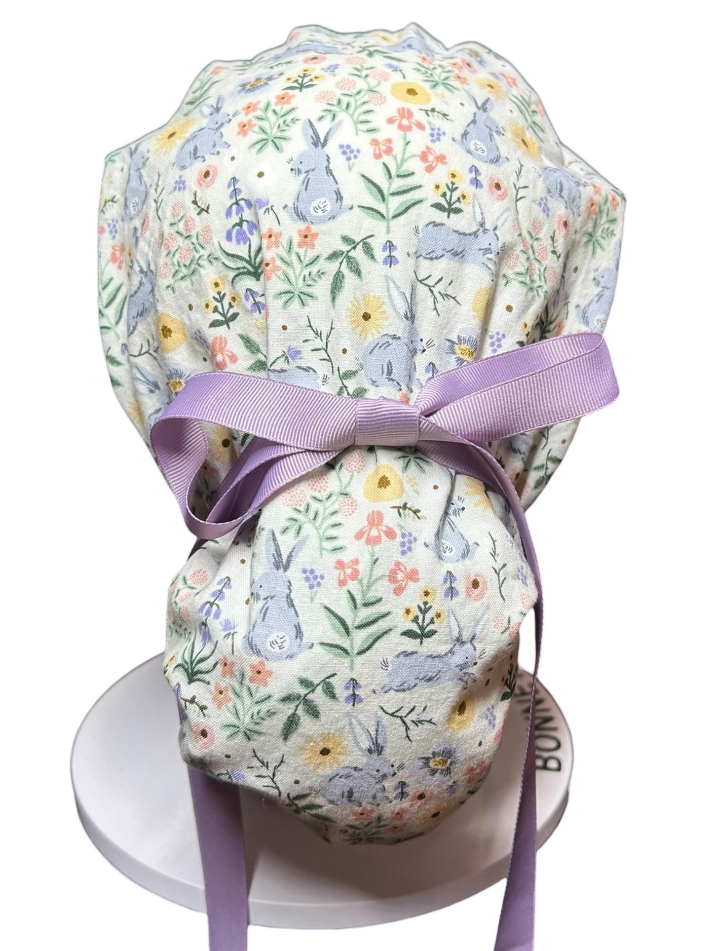 Rifle Paper Co Easter Scrub Cap: Bunny Print Ponytail Hat with ribbon ties
