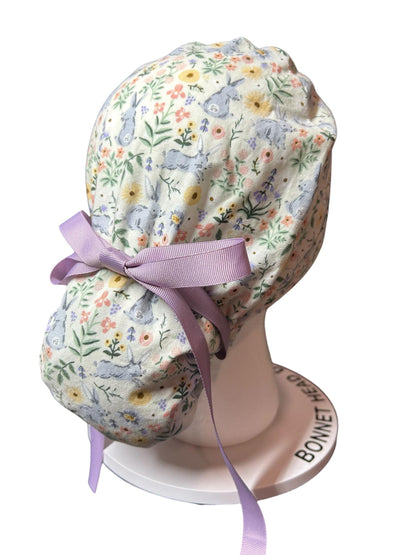 Rifle Paper Co Easter Scrub Cap: Bunny Print Ponytail Hat with ribbon ties