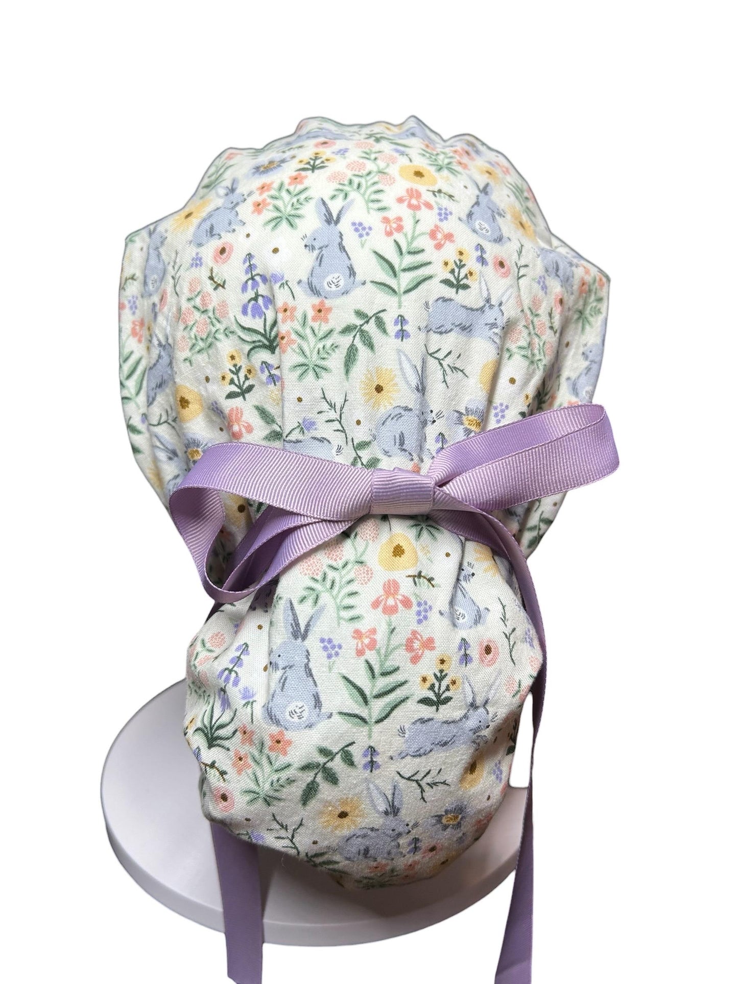Rifle Paper Co Easter Scrub Cap: Bunny Print Ponytail Hat with ribbon ties