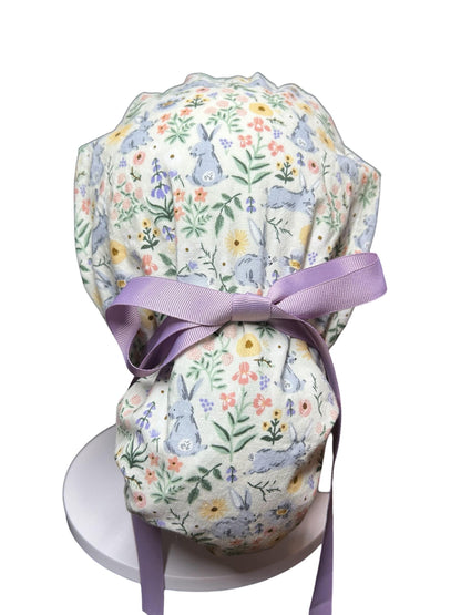 Rifle Paper Co Easter Scrub Cap: Bunny Print Ponytail Hat with ribbon ties
