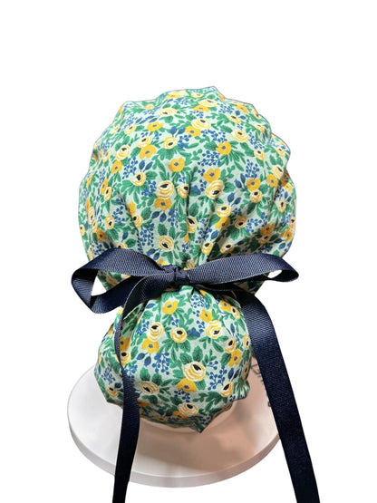 Rifle Paper Co Women’s Floral Scrub Cap: Rosa Mint fabric, Ponytail Style