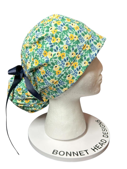 Rifle Paper Co Women’s Floral Scrub Cap: Rosa Mint fabric, Ponytail Style