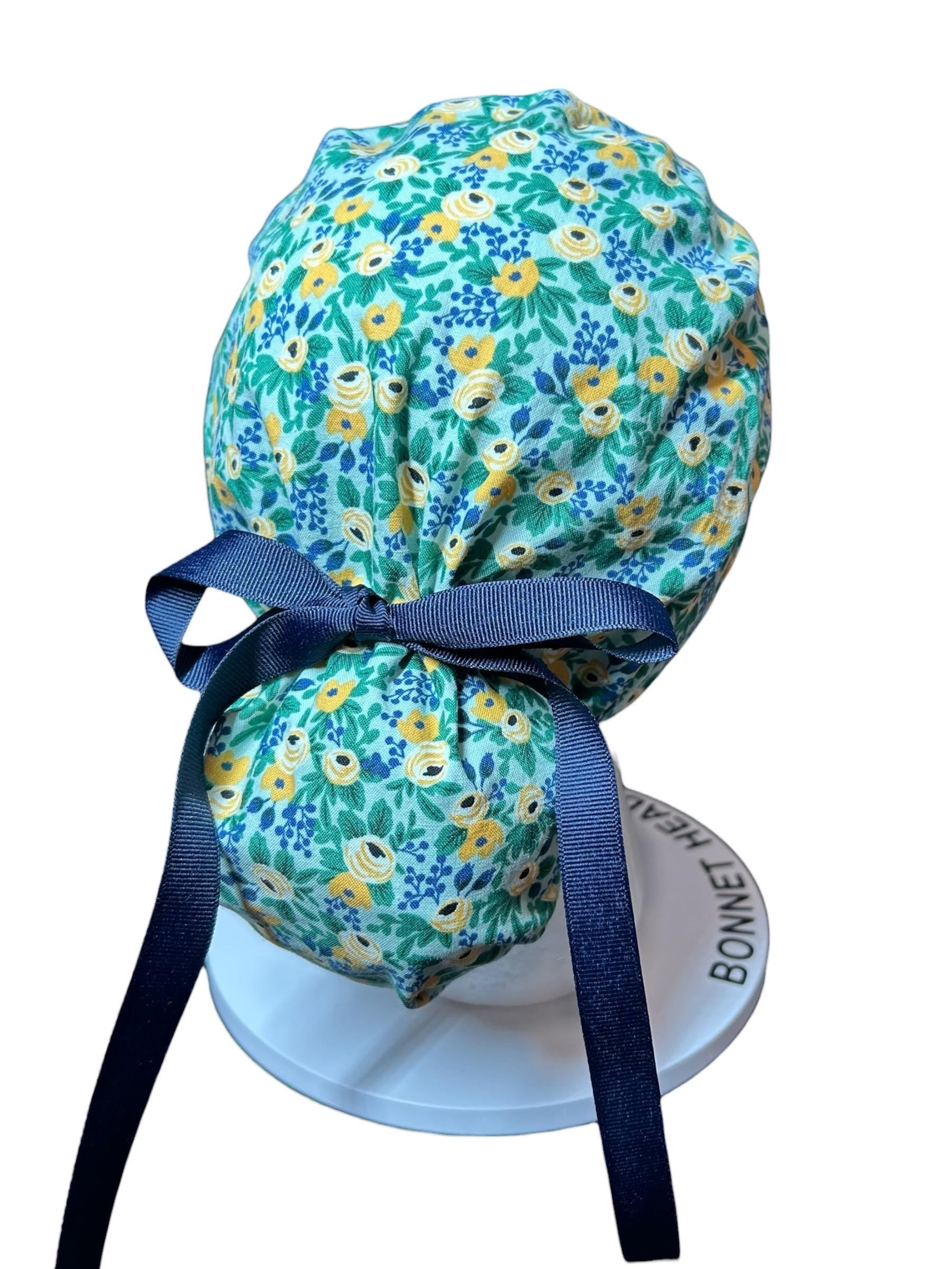 Rifle Paper Co Women’s Floral Scrub Cap: Rosa Mint fabric, Ponytail Style