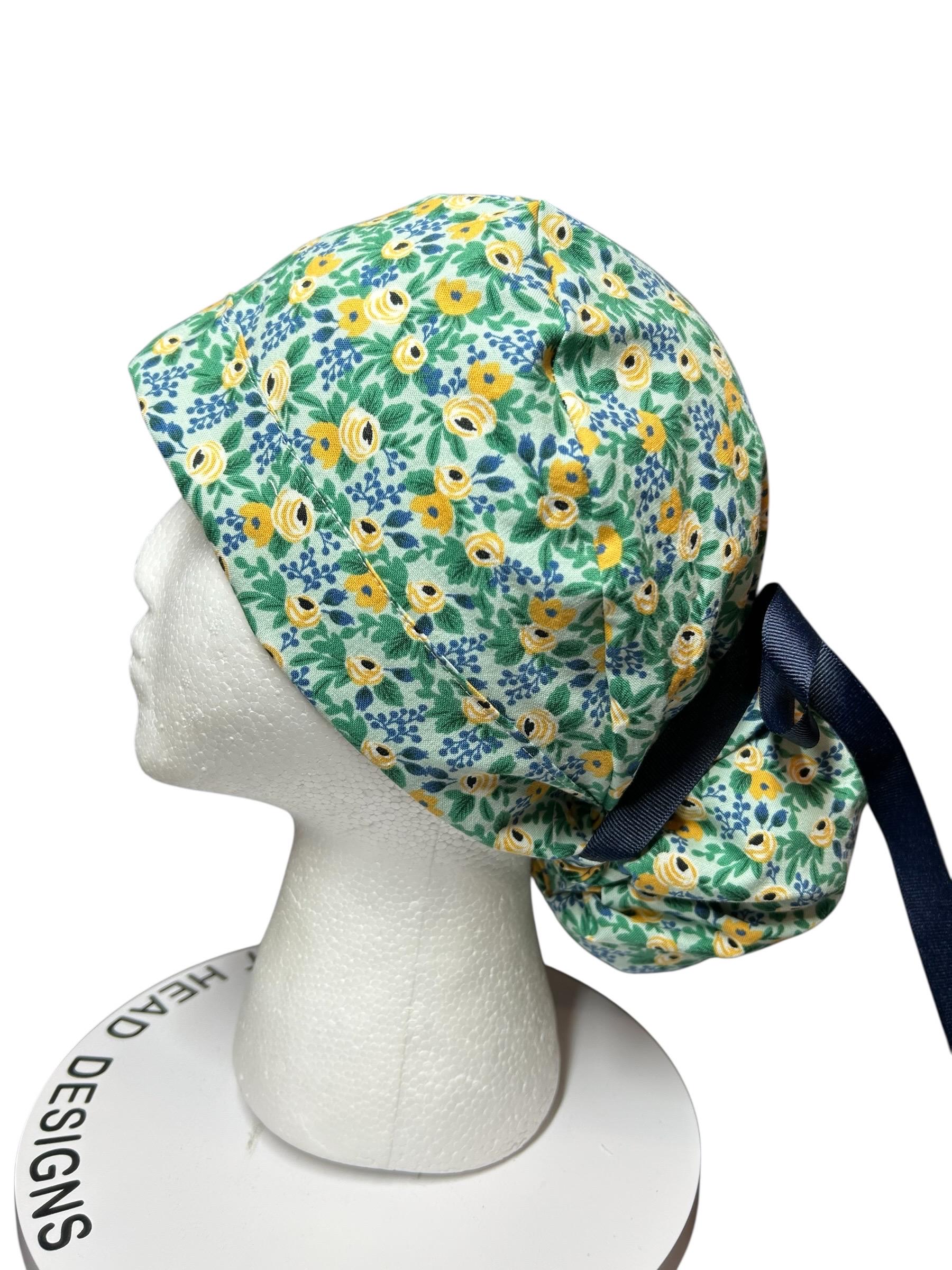 Rifle Paper Co Women’s Floral Scrub Cap: Rosa Mint fabric, Ponytail Style
