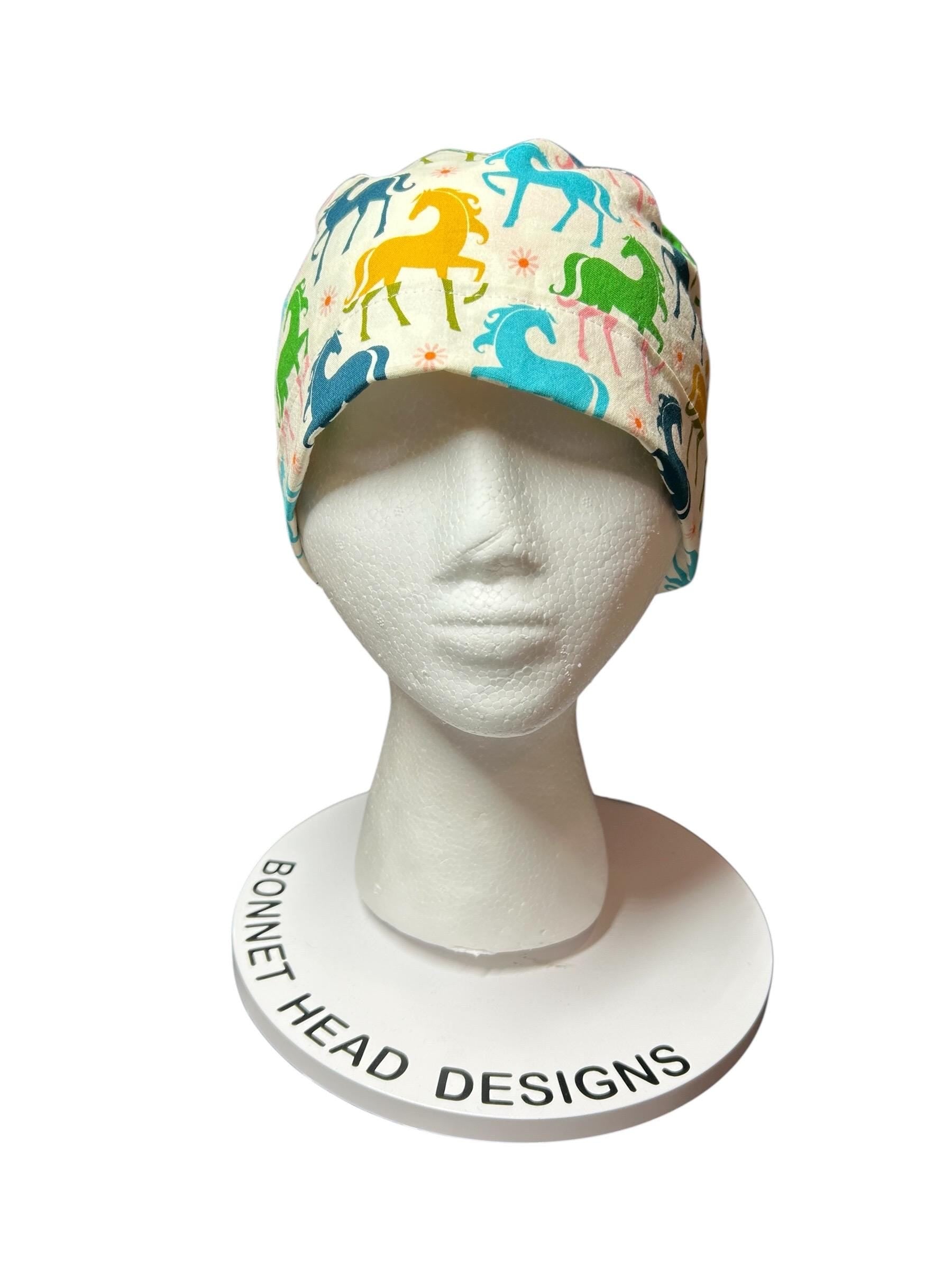 Colorful Pony Print Ponytail Scrub Cap - Ruby Star Society Fabric with ribbon cinch ties