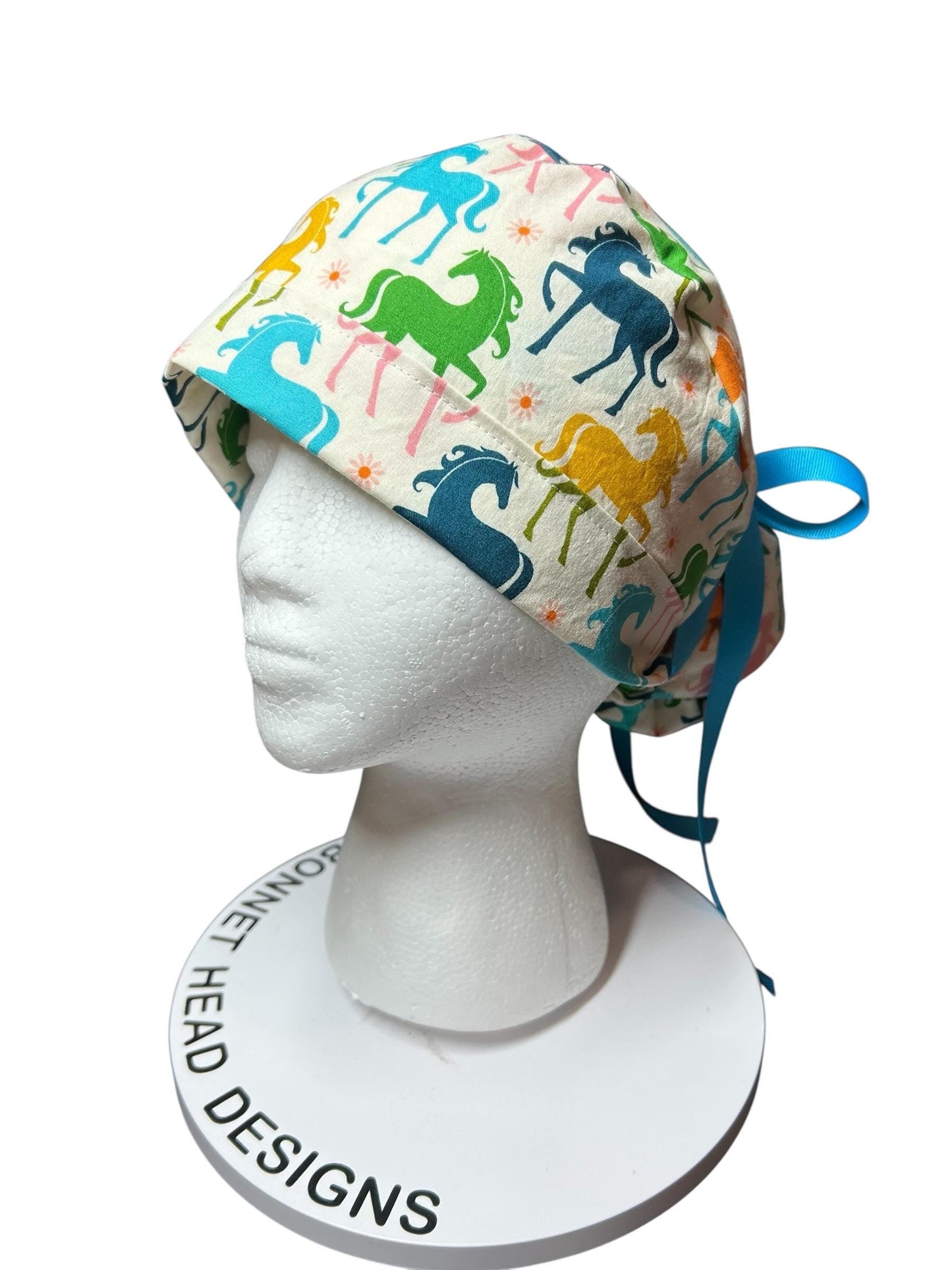 Colorful Pony Print Ponytail Scrub Cap - Ruby Star Society Fabric with ribbon cinch ties