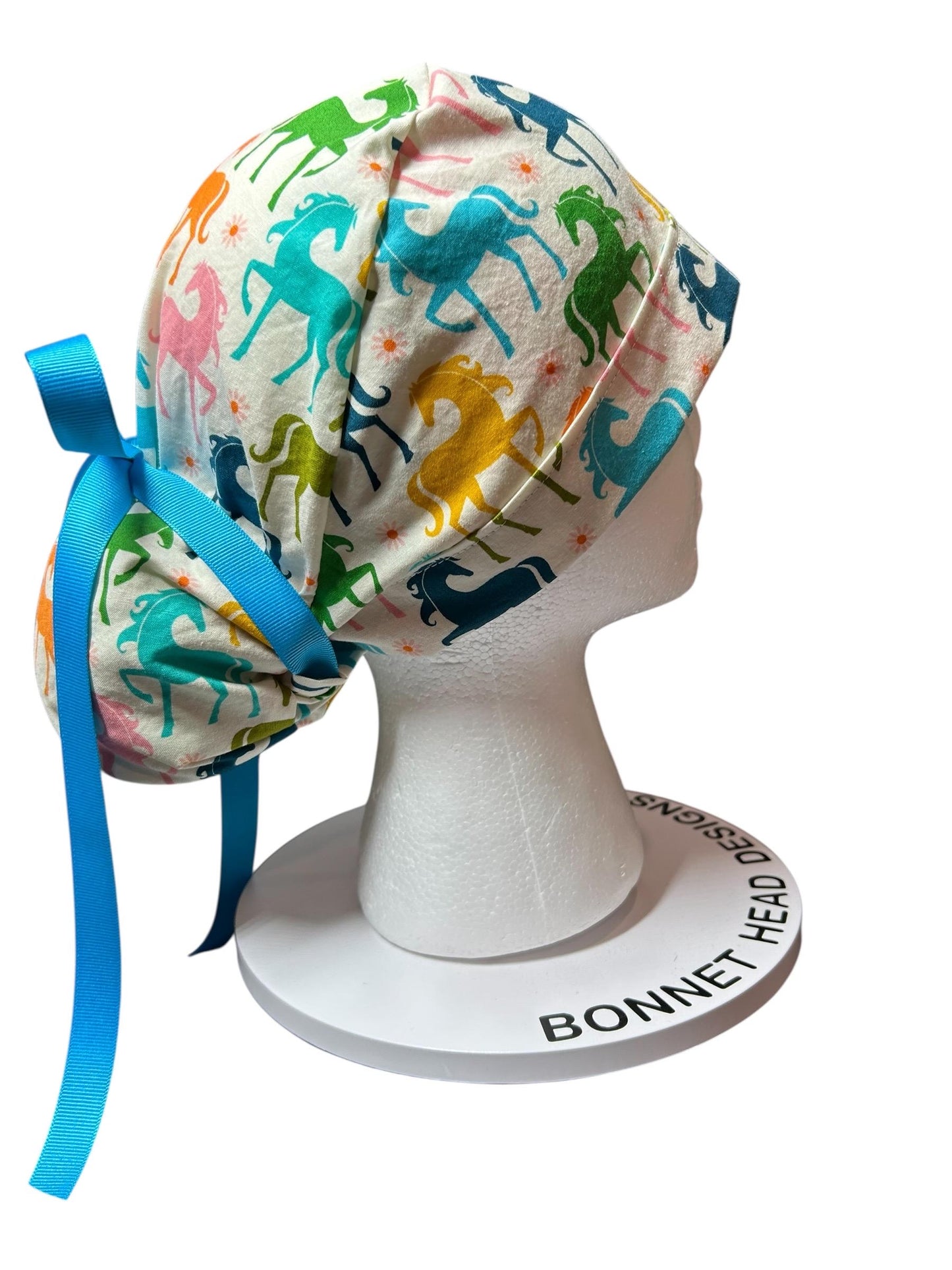 Colorful Pony Print Ponytail Scrub Cap - Ruby Star Society Fabric with ribbon cinch ties