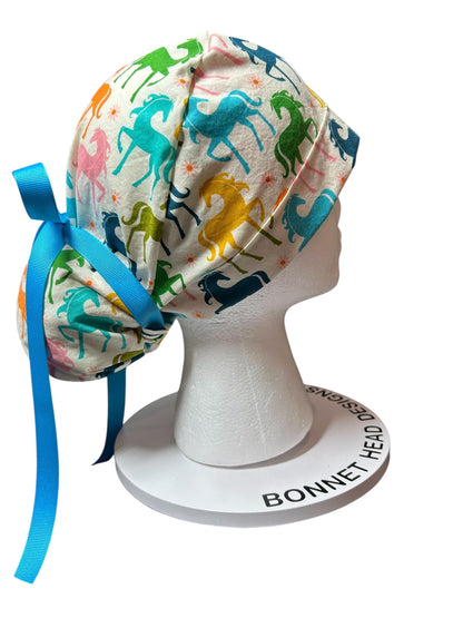 Colorful Pony Print Ponytail Scrub Cap - Ruby Star Society Fabric with ribbon cinch ties