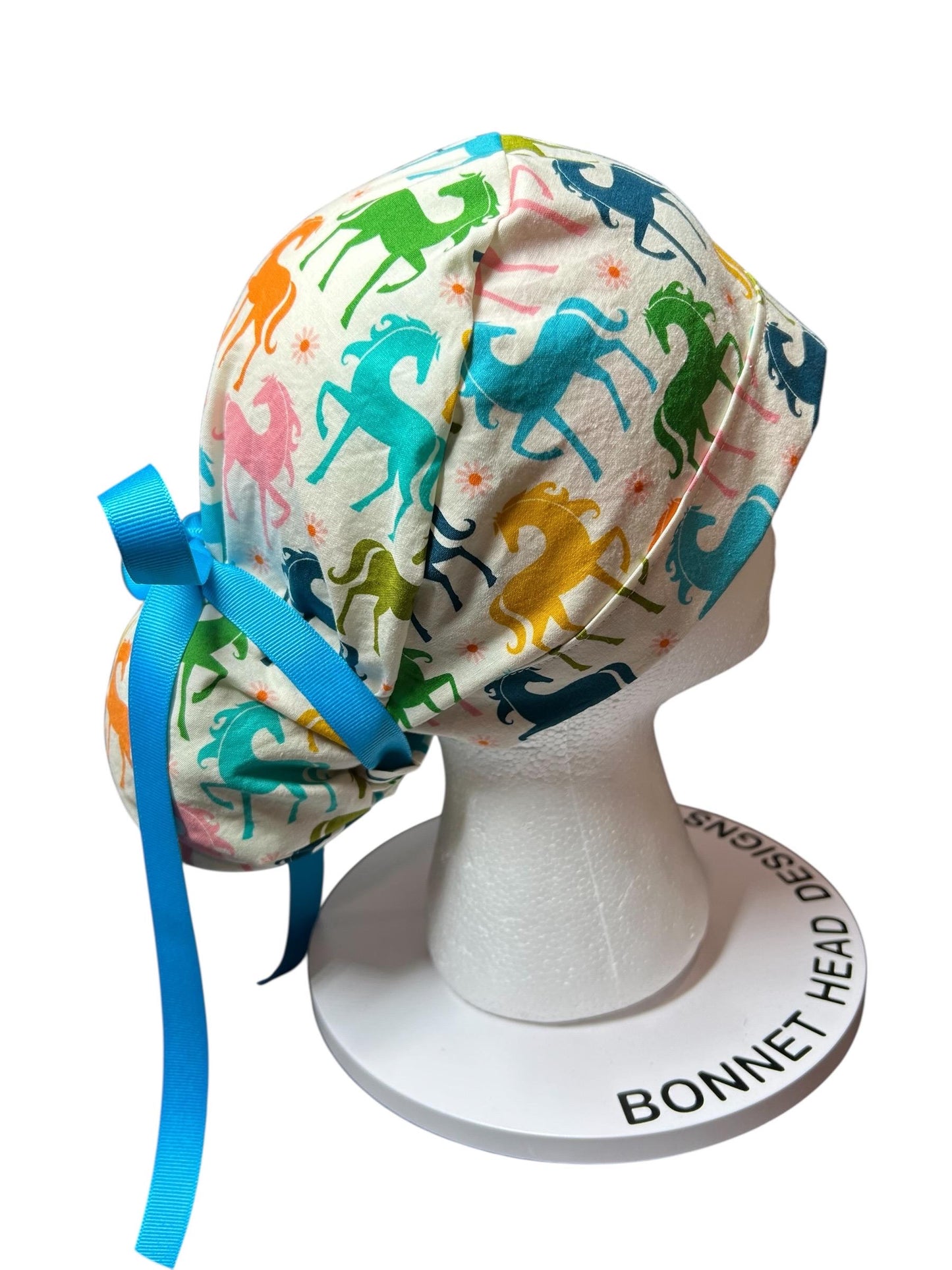 Colorful Pony Print Ponytail Scrub Cap - Ruby Star Society Fabric with ribbon cinch ties