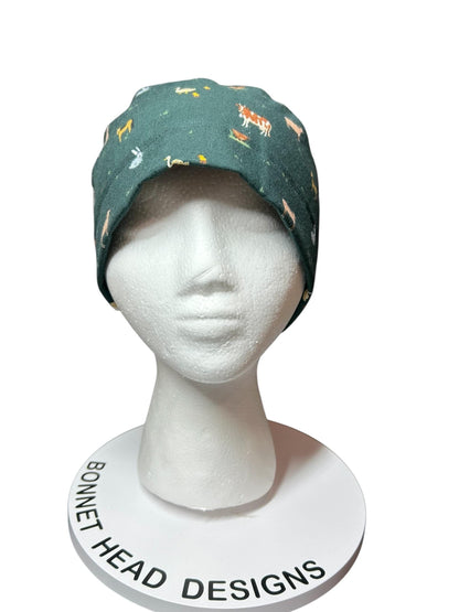 Rifle Paper Co Gracie Farm Animals Ponytail Scrub Cap: Adjustable Cinch Ties, Optional Satin Lining