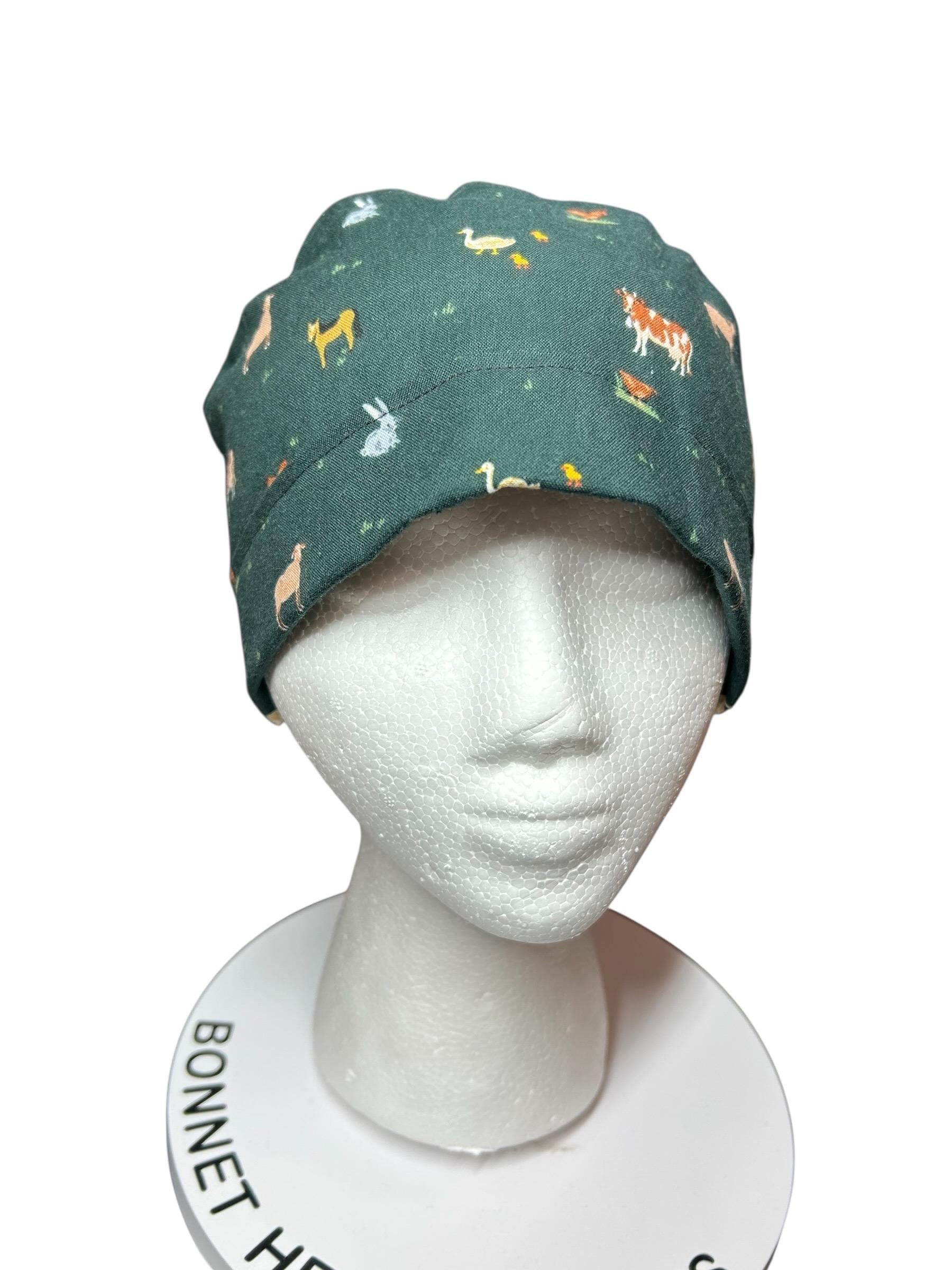Rifle Paper Co Gracie Farm Animals Ponytail Scrub Cap: Adjustable Cinch Ties, Optional Satin Lining