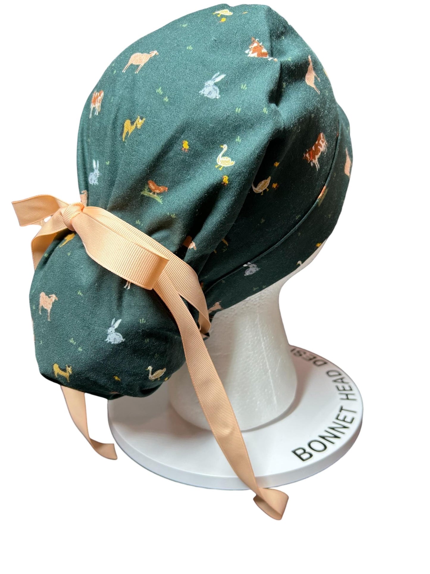 Rifle Paper Co Gracie Farm Animals Ponytail Scrub Cap: Adjustable Cinch Ties, Optional Satin Lining