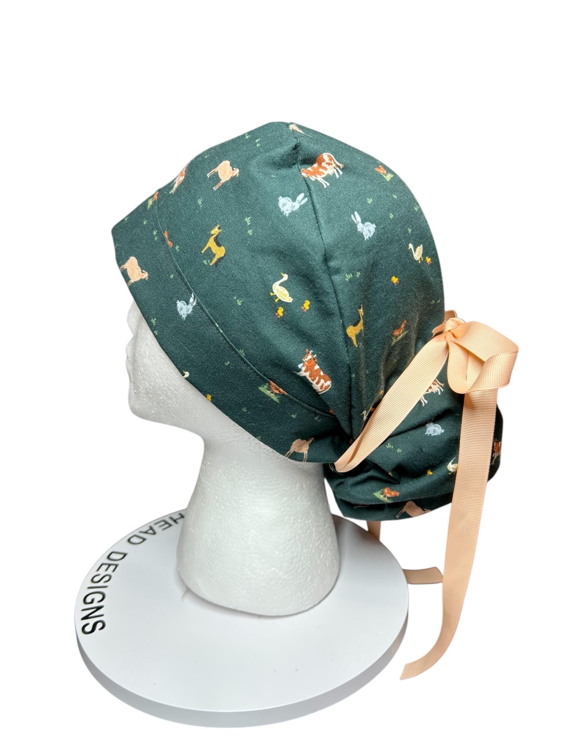 Rifle Paper Co Gracie Farm Animals Ponytail Scrub Cap: Adjustable Cinch Ties, Optional Satin Lining