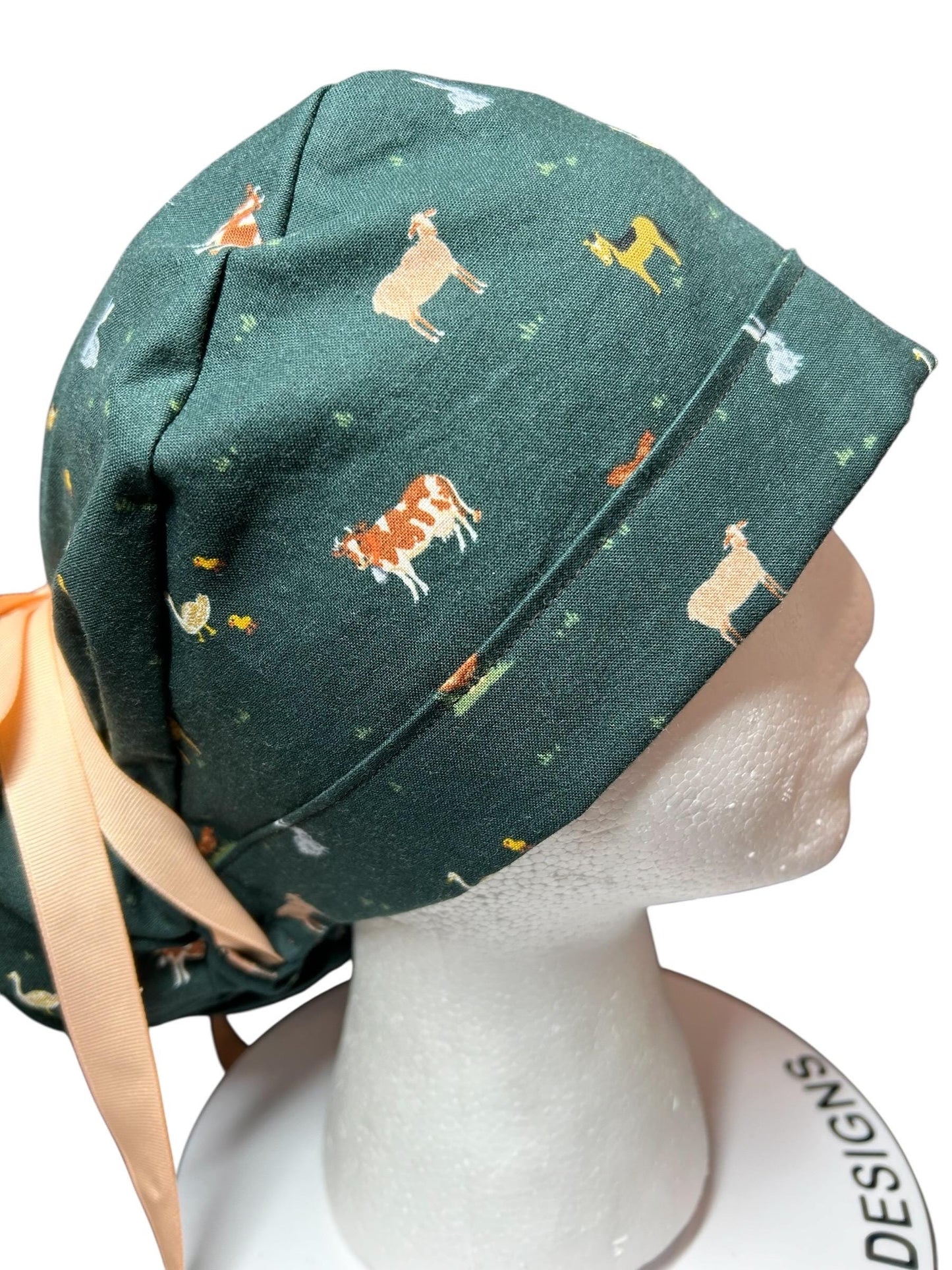 Rifle Paper Co Gracie Farm Animals Ponytail Scrub Cap: Adjustable Cinch Ties, Optional Satin Lining