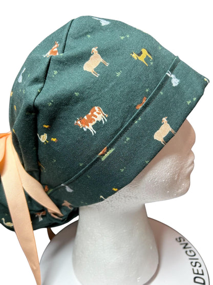 Rifle Paper Co Gracie Farm Animals Ponytail Scrub Cap: Adjustable Cinch Ties, Optional Satin Lining