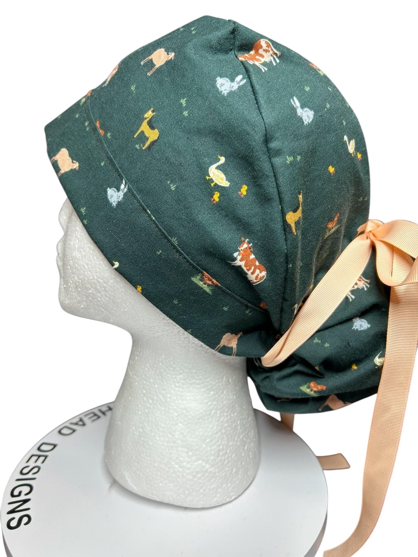 Rifle Paper Co Gracie Farm Animals Ponytail Scrub Cap: Adjustable Cinch Ties, Optional Satin Lining