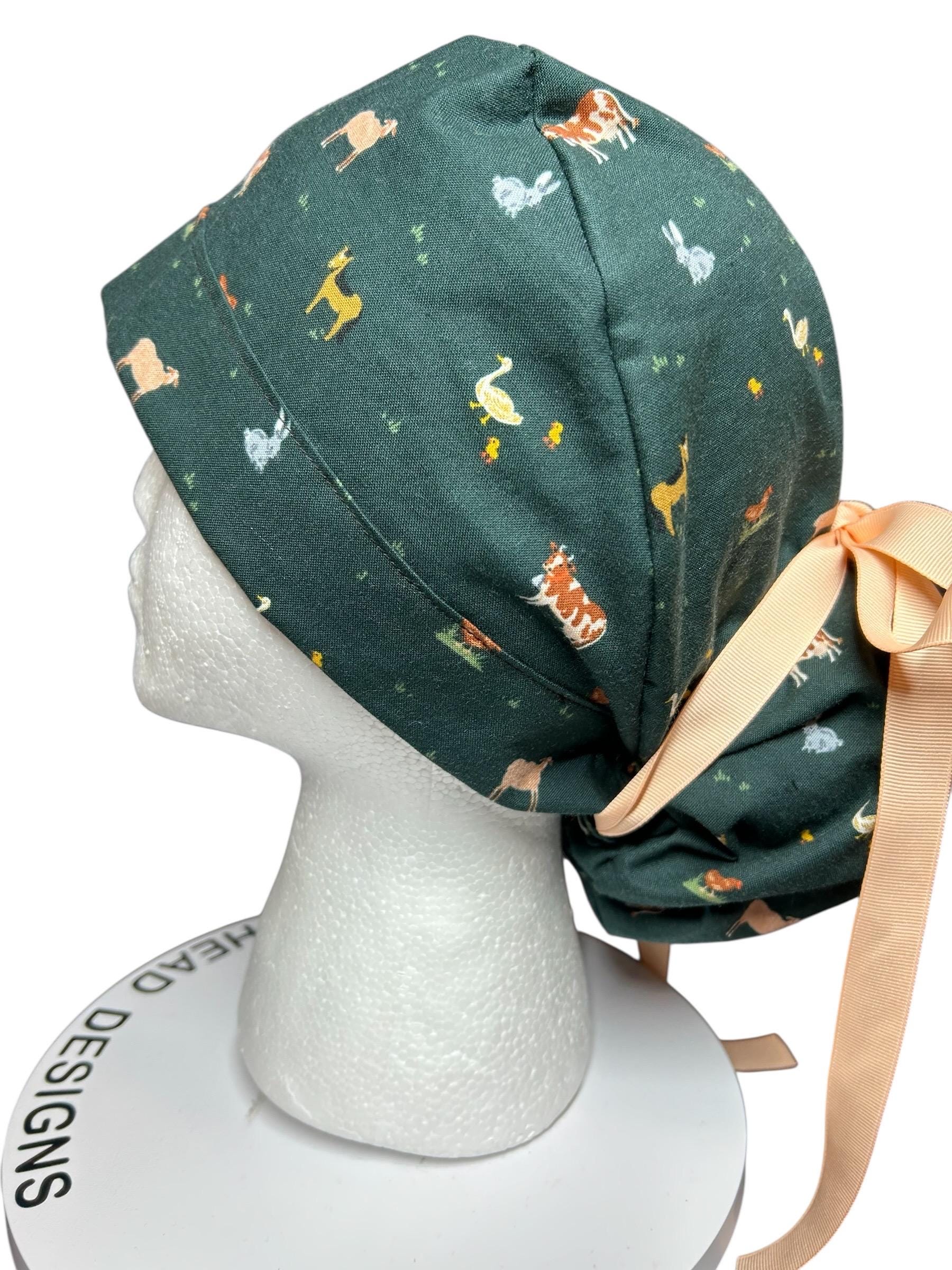 Rifle Paper Co Gracie Farm Animals Ponytail Scrub Cap: Adjustable Cinch Ties, Optional Satin Lining
