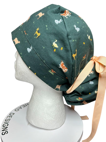 Rifle Paper Co Gracie Farm Animals Ponytail Scrub Cap: Adjustable Cinch Ties, Optional Satin Lining