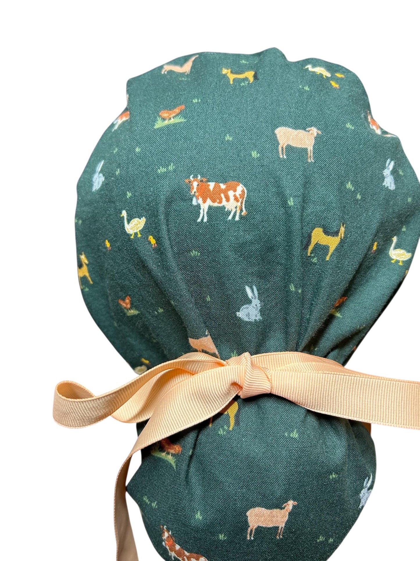 Rifle Paper Co Gracie Farm Animals Ponytail Scrub Cap: Adjustable Cinch Ties, Optional Satin Lining