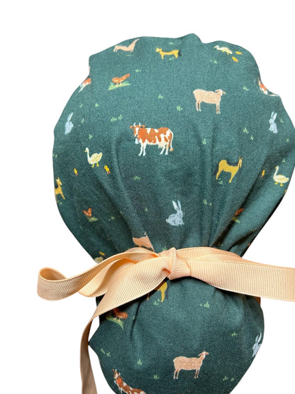 Rifle Paper Co Gracie Farm Animals Ponytail Scrub Cap: Adjustable Cinch Ties, Optional Satin Lining