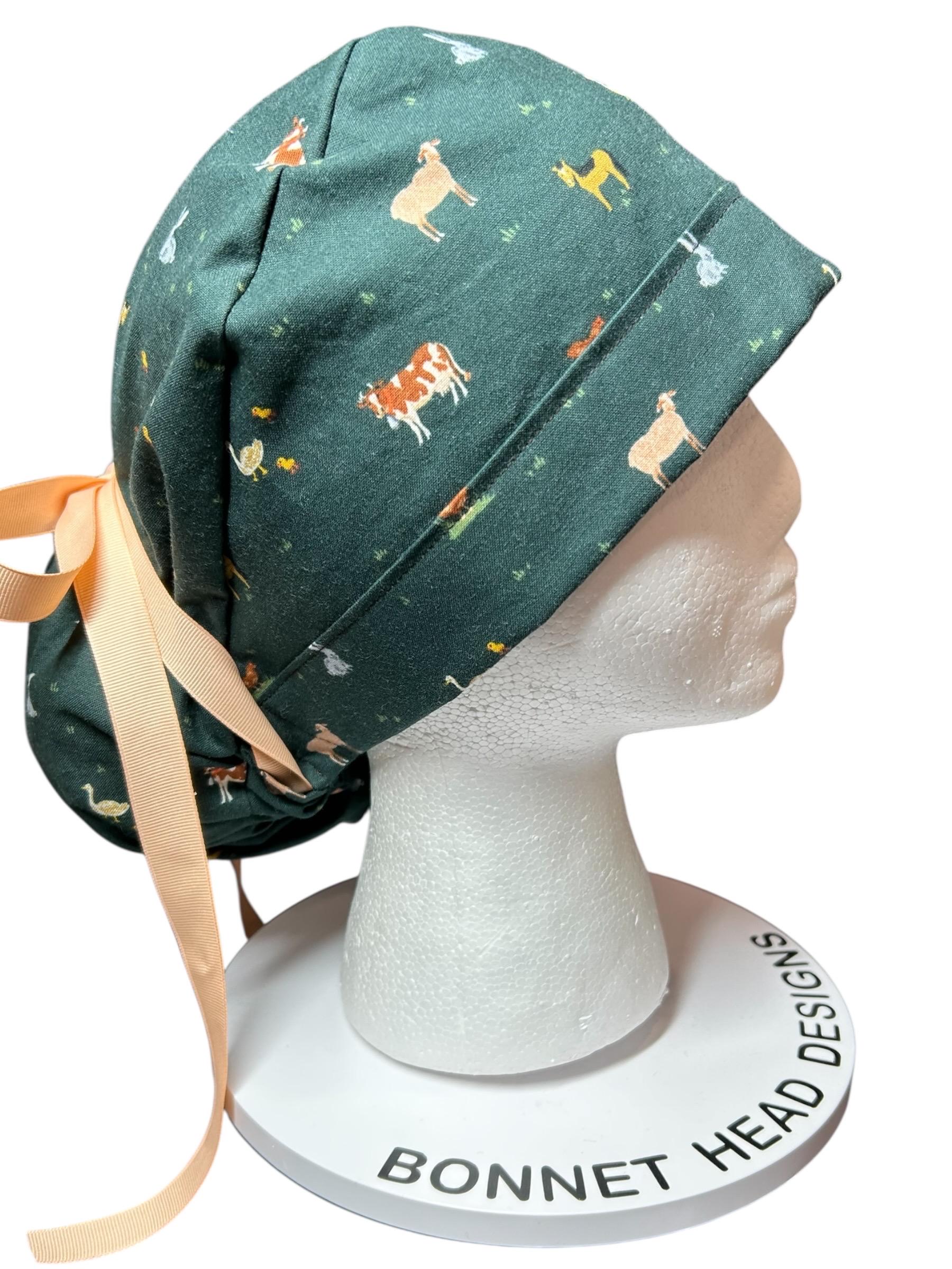 Rifle Paper Co Gracie Farm Animals Ponytail Scrub Cap: Adjustable Cinch Ties, Optional Satin Lining