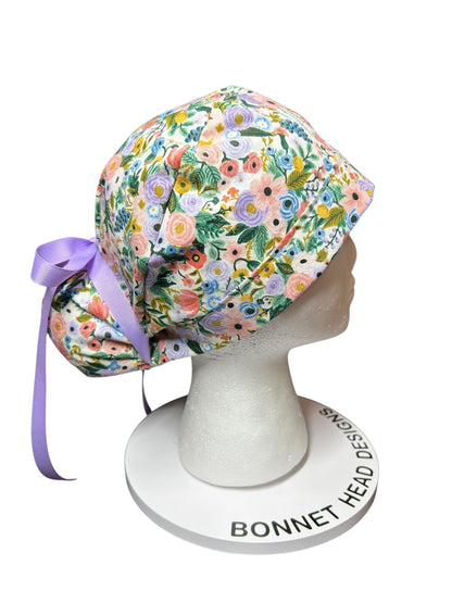 Rifle Paper Co Scrub Cap| Women's Ponytail Style| Cream Petite Garden Party Floral fabric