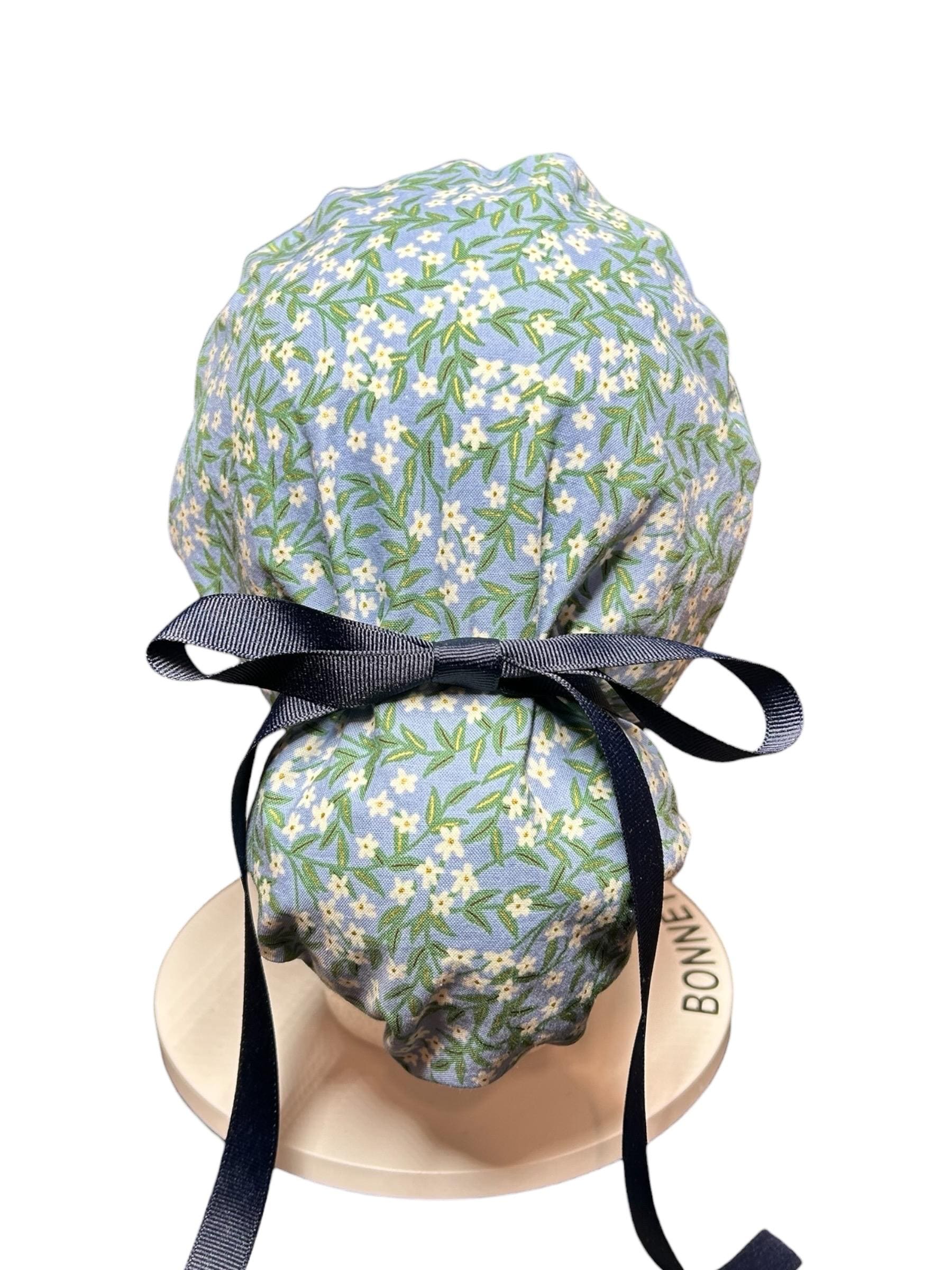 Rifle Paper Co Blue Daphne Ponytail Scrub Cap: women’s scrub hat with ribbon ties