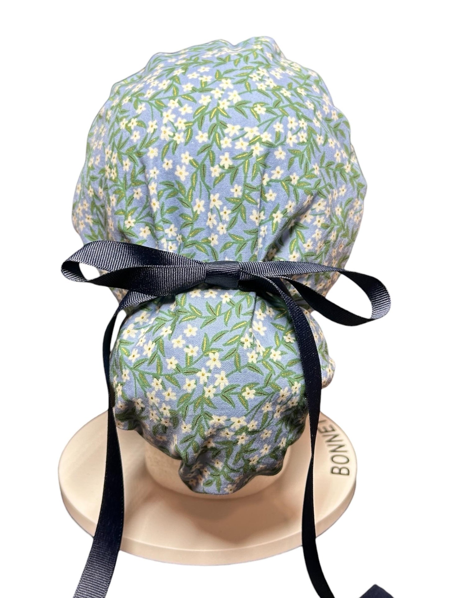 Rifle Paper Co Blue Daphne Ponytail Scrub Cap: women’s scrub hat with ribbon ties