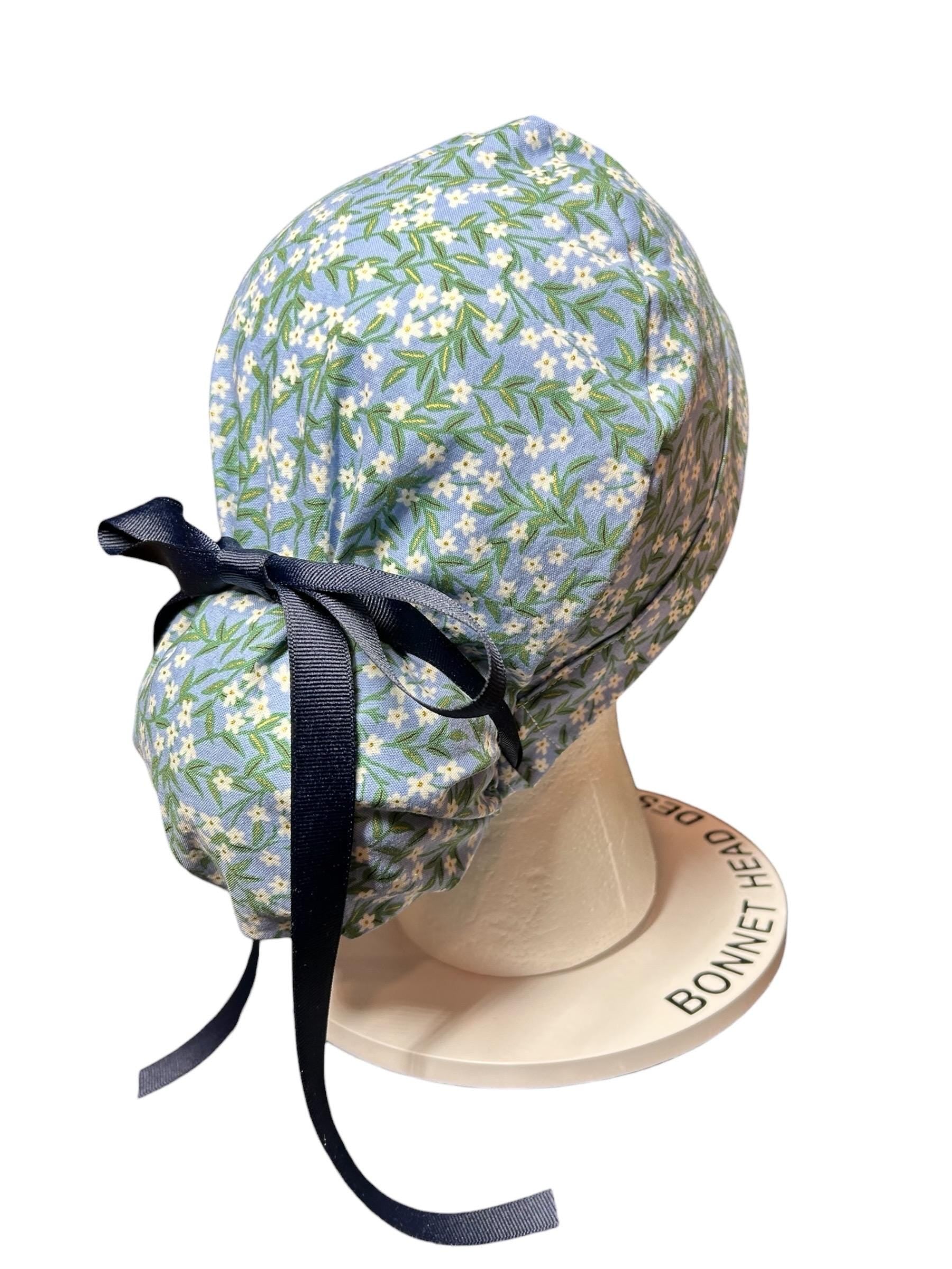 Rifle Paper Co Blue Daphne Ponytail Scrub Cap: women’s scrub hat with ribbon ties