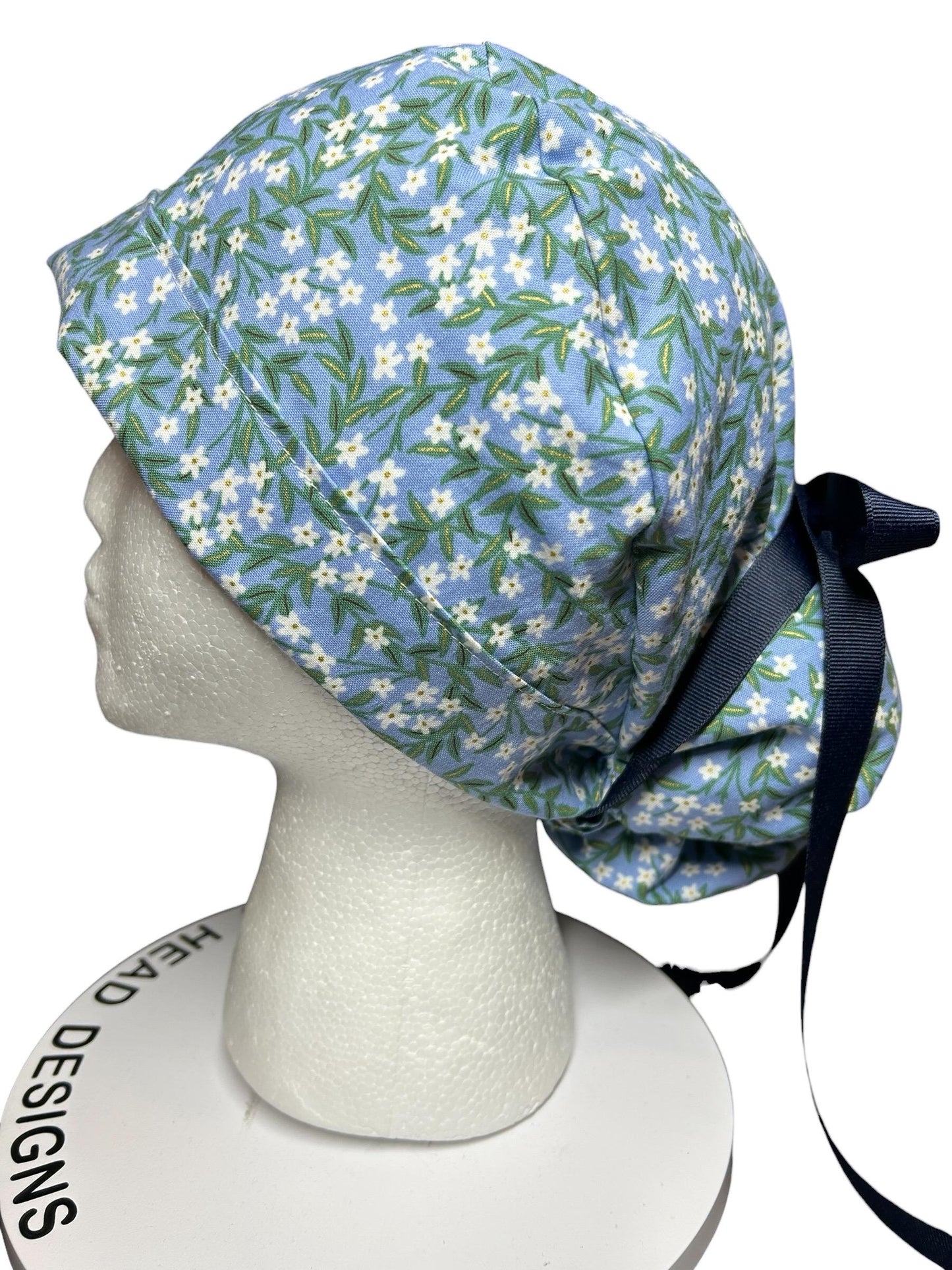 Rifle Paper Co Blue Daphne Ponytail Scrub Cap: women’s scrub hat with ribbon ties