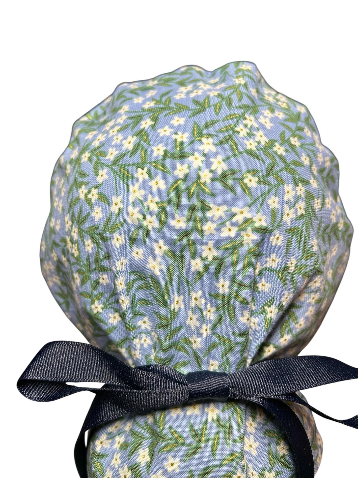 Rifle Paper Co Blue Daphne Ponytail Scrub Cap: women’s scrub hat with ribbon ties
