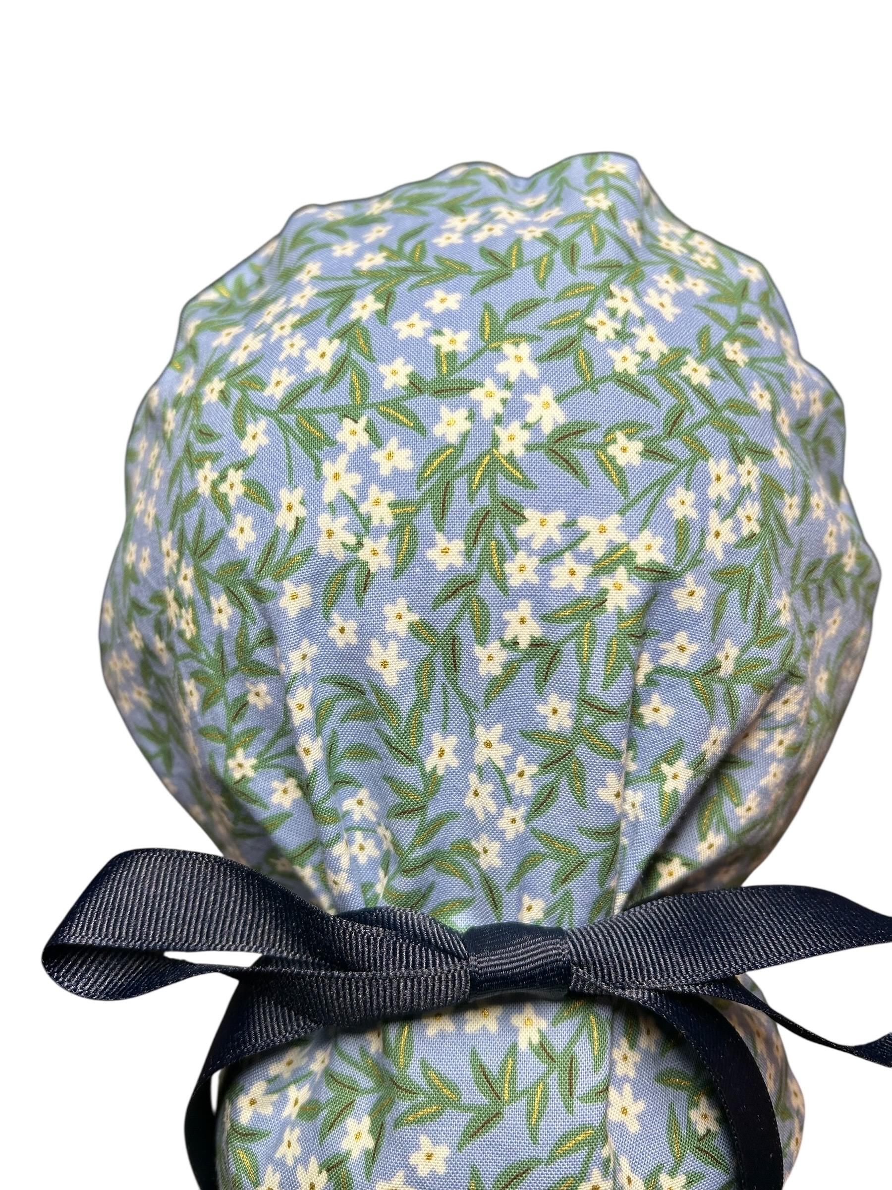 Rifle Paper Co Blue Daphne Ponytail Scrub Cap: women’s scrub hat with ribbon ties