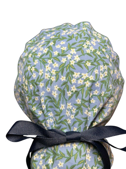 Rifle Paper Co Blue Daphne Ponytail Scrub Cap: women’s scrub hat with ribbon ties