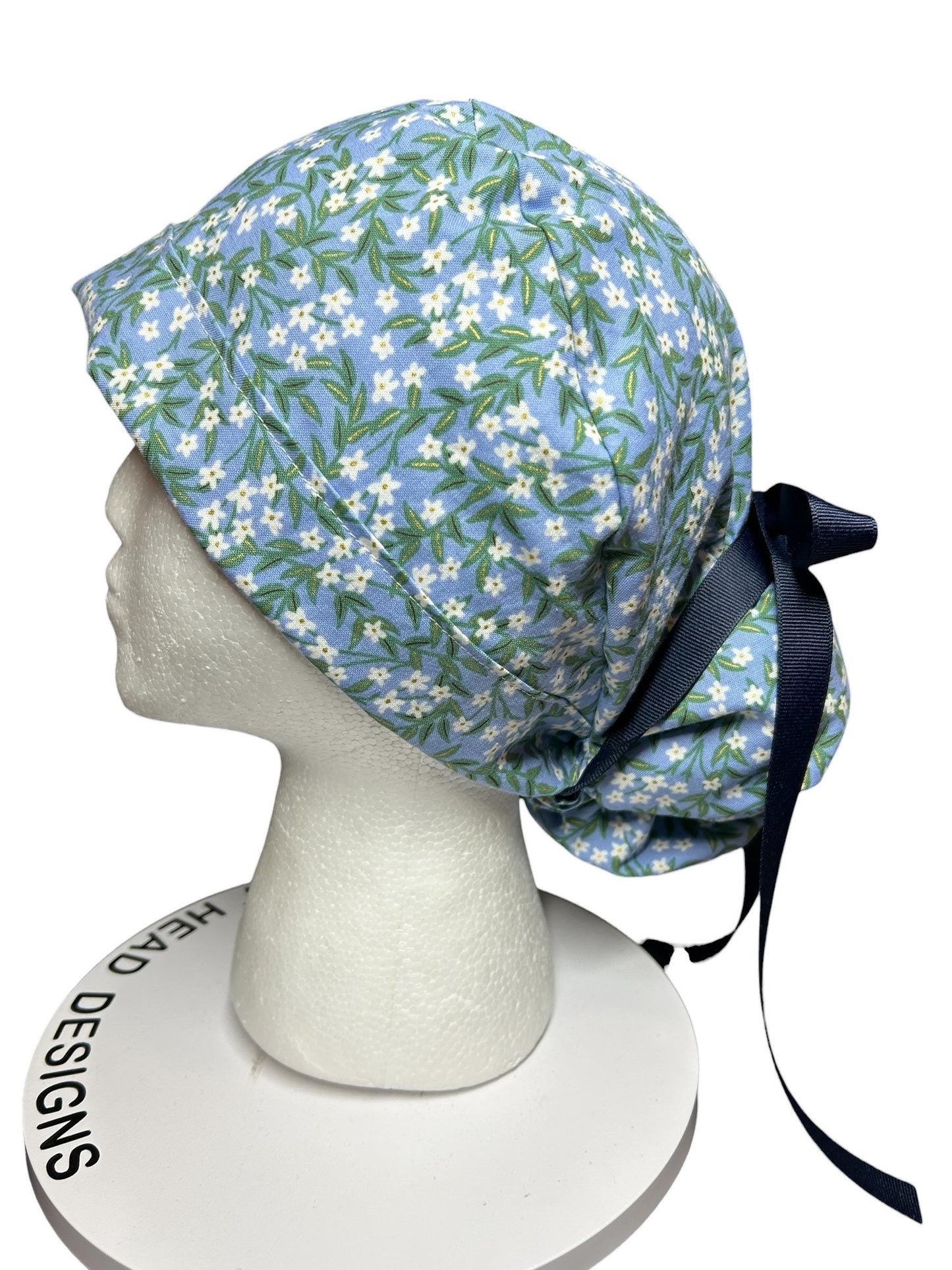Rifle Paper Co Blue Daphne Ponytail Scrub Cap: women’s scrub hat with ribbon ties