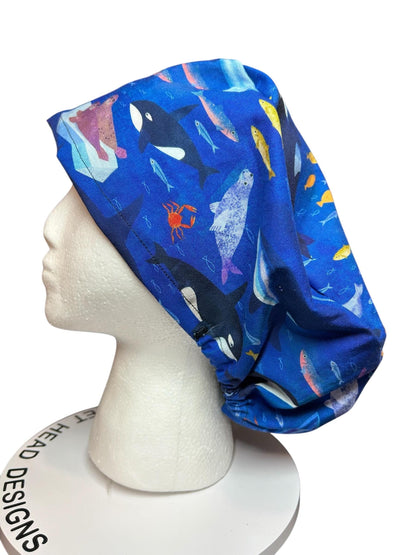 Euro Style Alaska Whales Ocean Themed scrub hat— satin lining optional with toggle