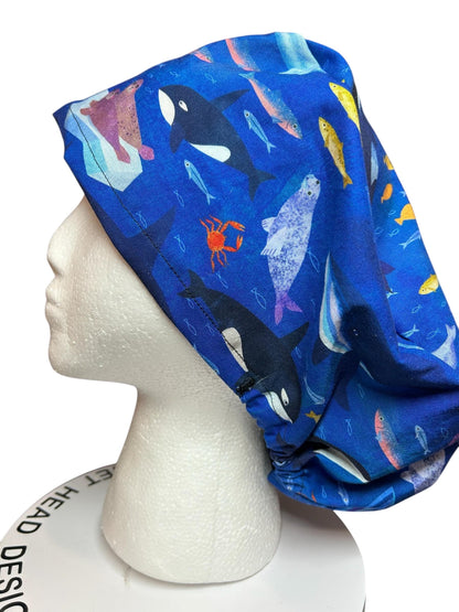 Euro Style Alaska Whales Ocean Themed scrub hat— satin lining optional with toggle
