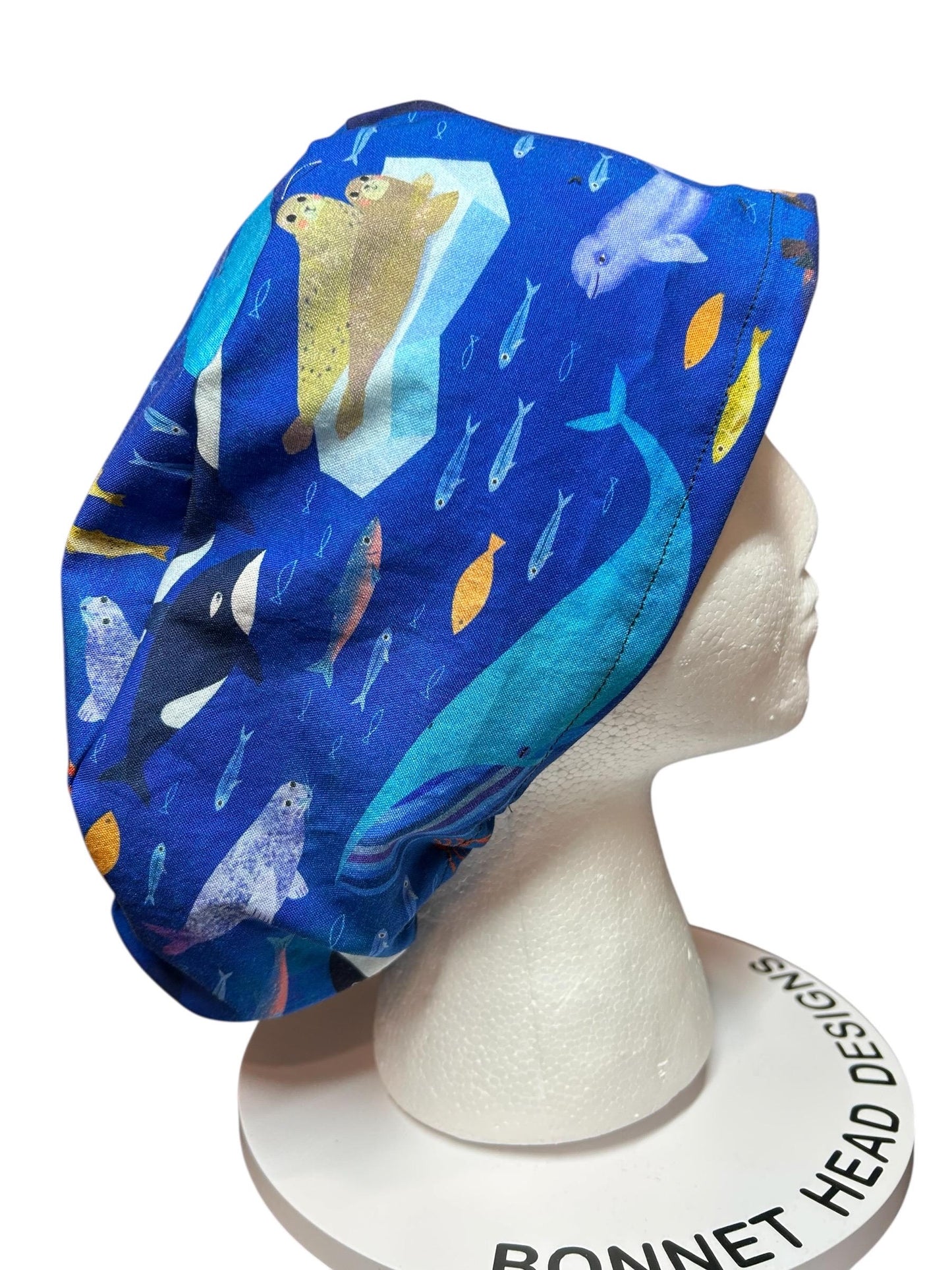 Euro Style Alaska Whales Ocean Themed scrub hat— satin lining optional with toggle