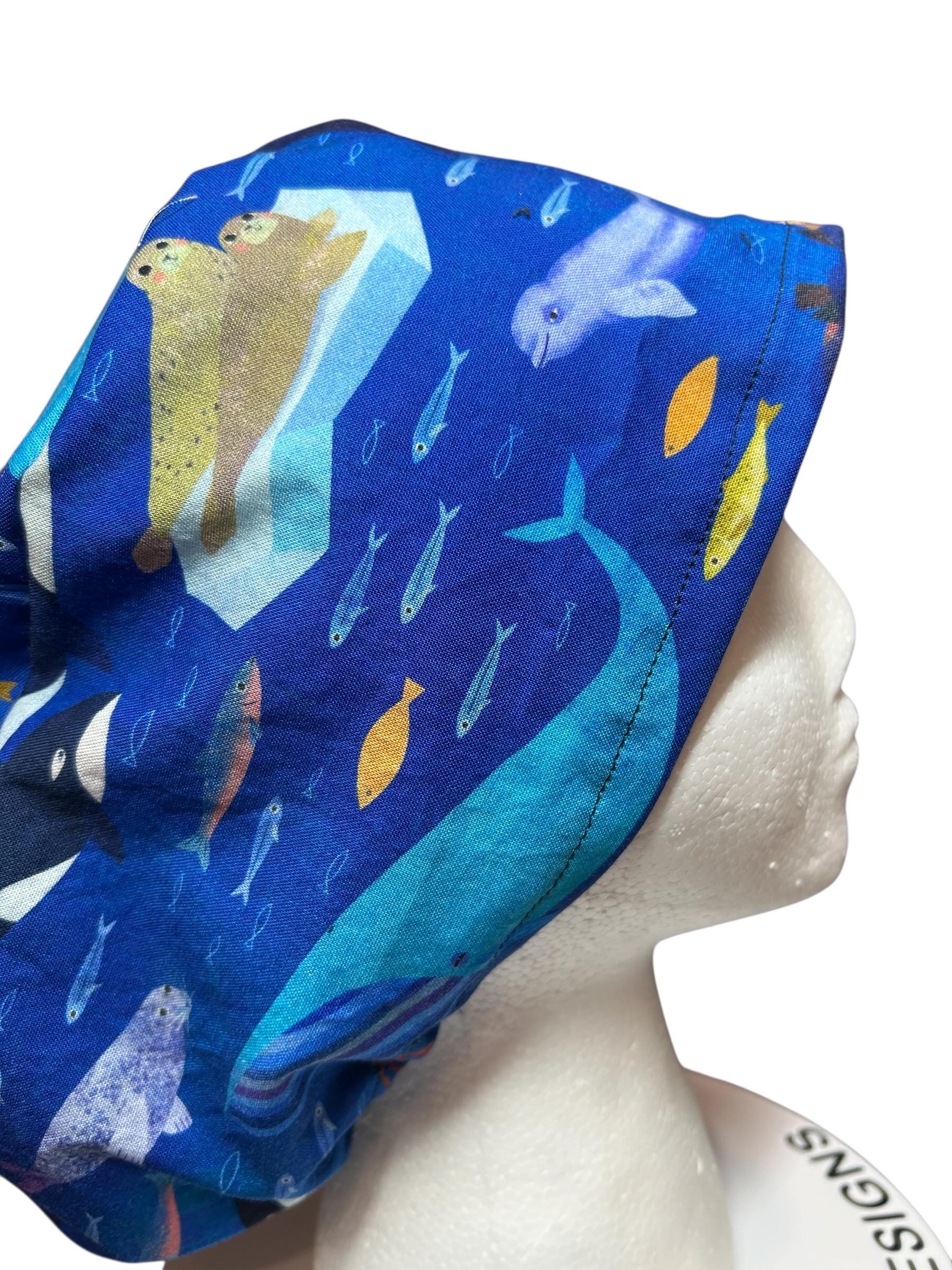 Euro Style Alaska Whales Ocean Themed scrub hat— satin lining optional with toggle