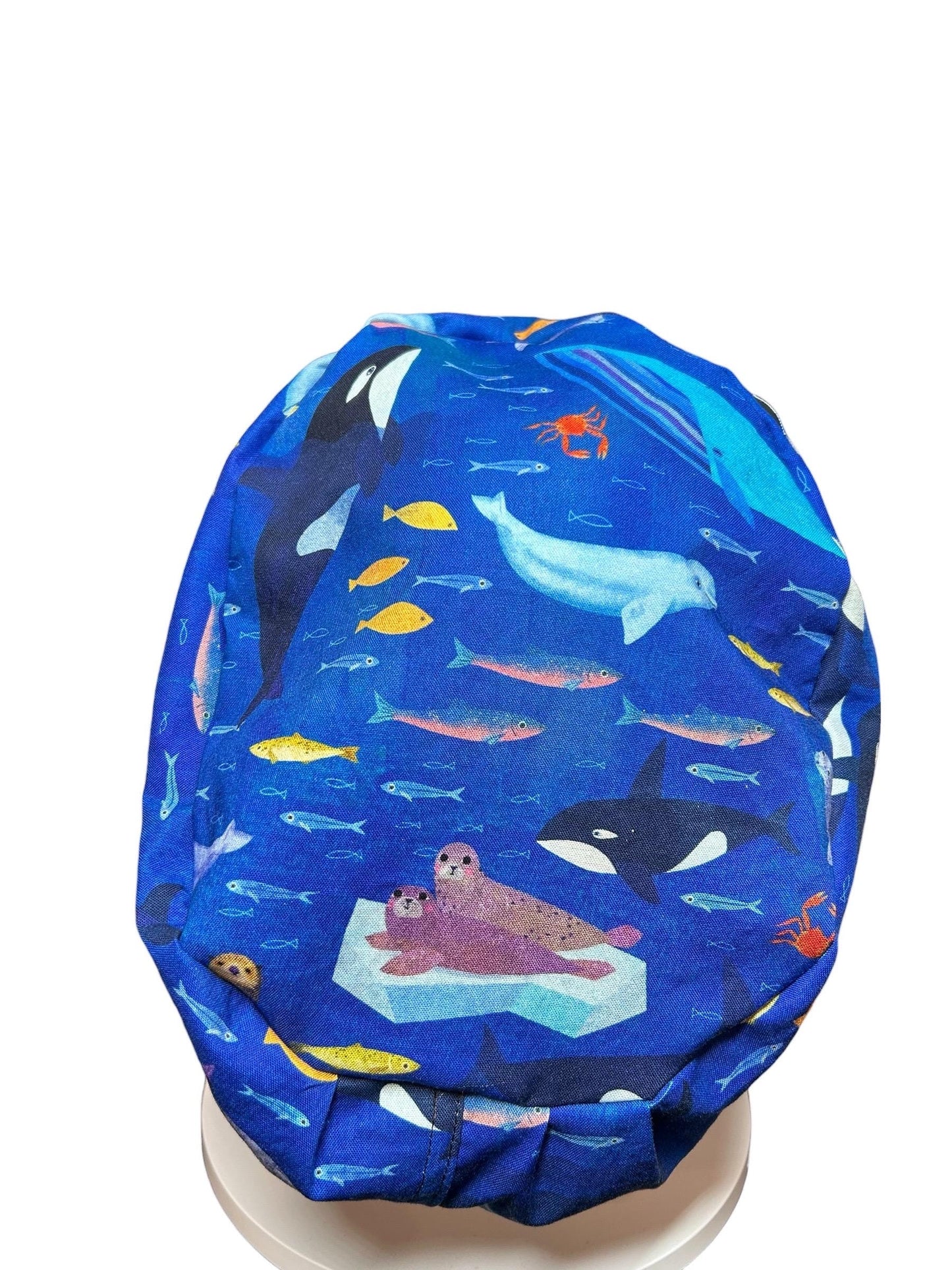 Euro Style Alaska Whales Ocean Themed scrub hat— satin lining optional with toggle