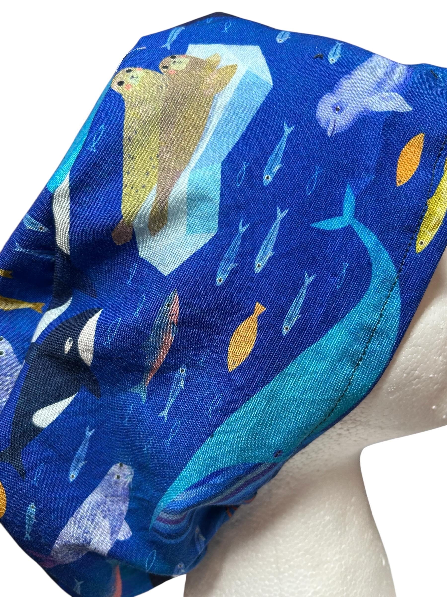 Euro Style Alaska Whales Ocean Themed scrub hat— satin lining optional with toggle