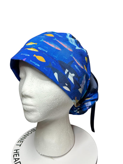 Alaskan Ocean Print Ponytail Scrub Cap: women’s summer scrub hat with ribbon ties