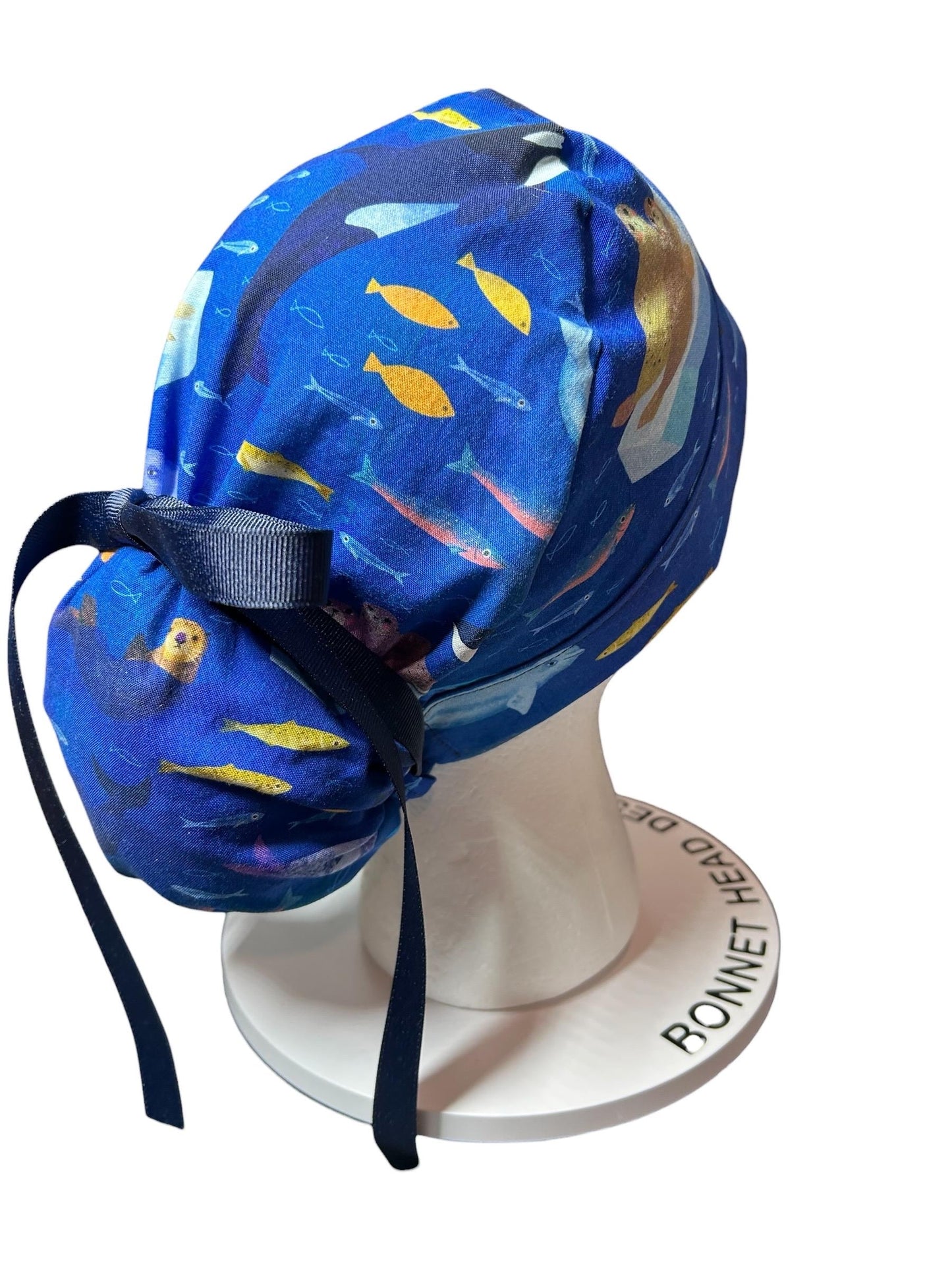 Alaskan Ocean Print Ponytail Scrub Cap: women’s summer scrub hat with ribbon ties