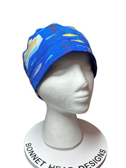 Alaskan Ocean Print Ponytail Scrub Cap: women’s summer scrub hat with ribbon ties