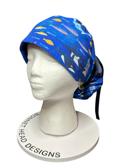 Alaskan Ocean Print Ponytail Scrub Cap: women’s summer scrub hat with ribbon ties