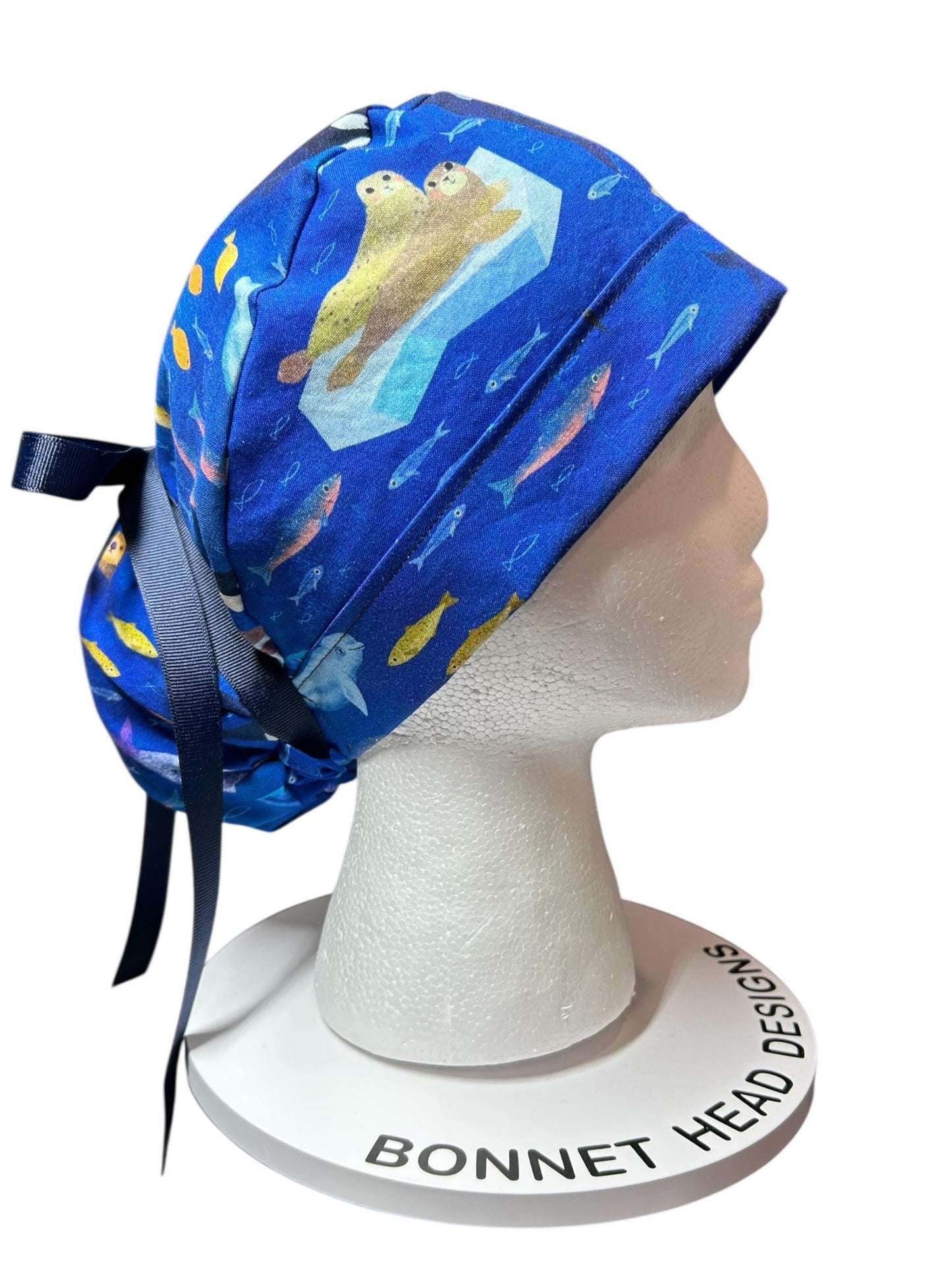 Alaskan Ocean Print Ponytail Scrub Cap: women’s summer scrub hat with ribbon ties