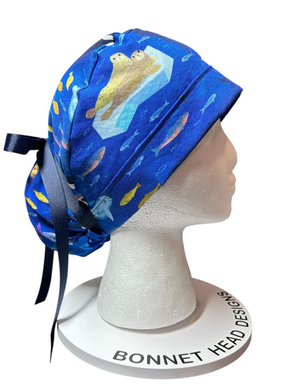 Alaskan Ocean Print Ponytail Scrub Cap: women’s summer scrub hat with ribbon ties