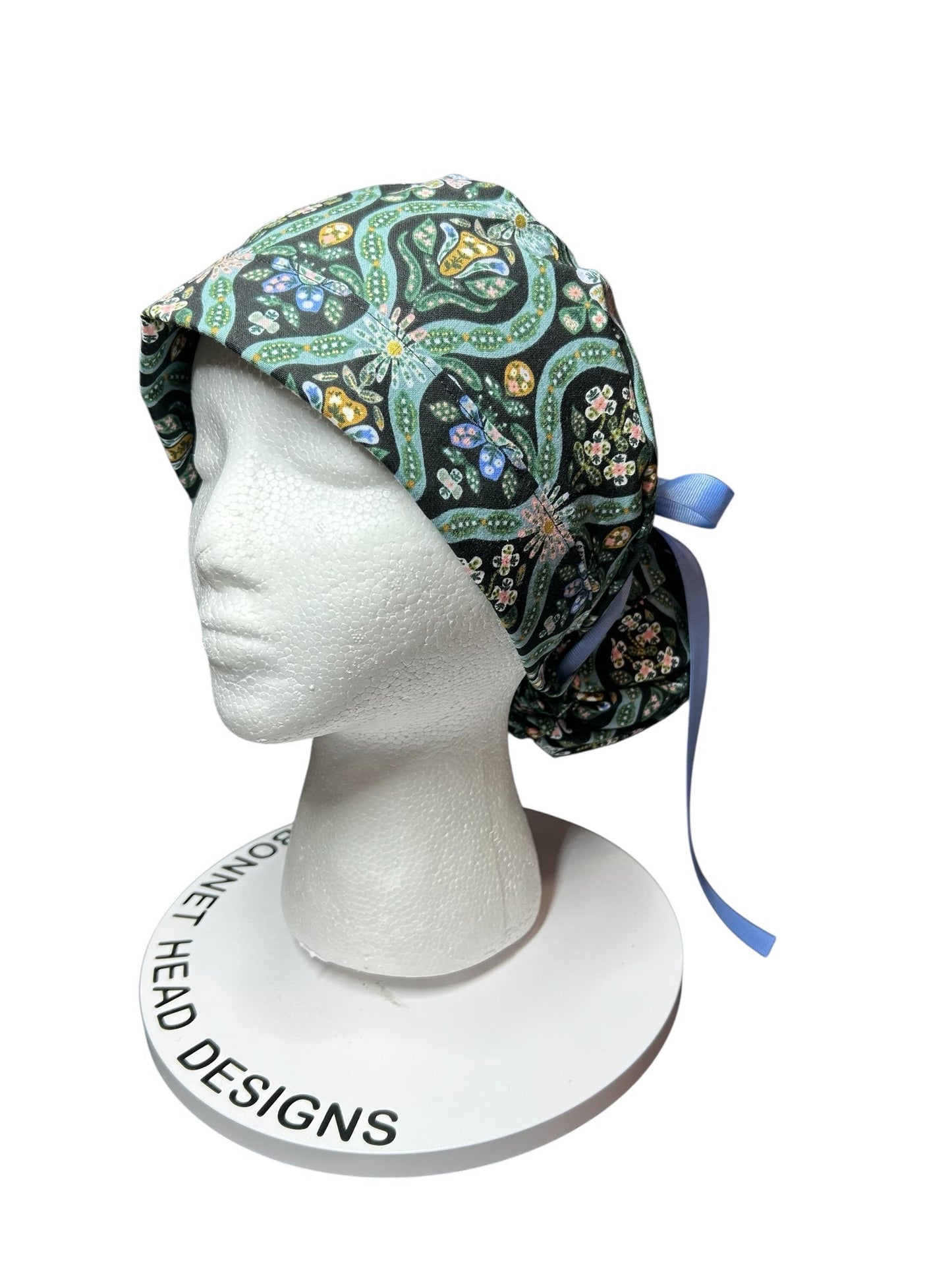 English Rose Posey print ponytail scrub cap: Rifle Paper Co fabric with ribbon ties