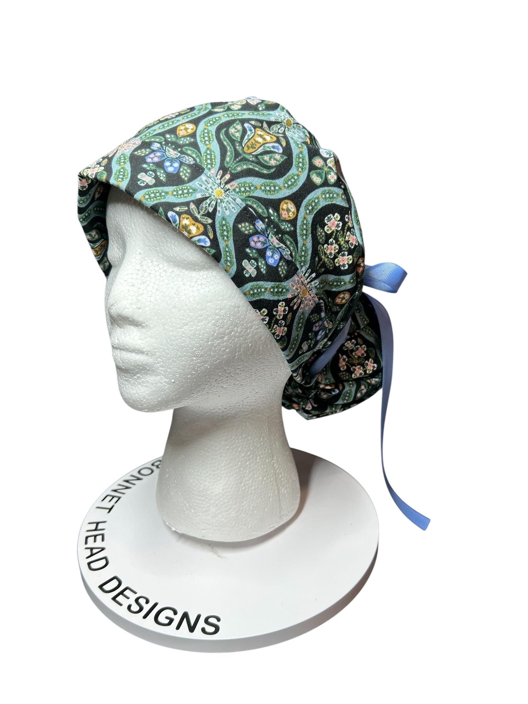 English Rose Posey print ponytail scrub cap: Rifle Paper Co fabric with ribbon ties